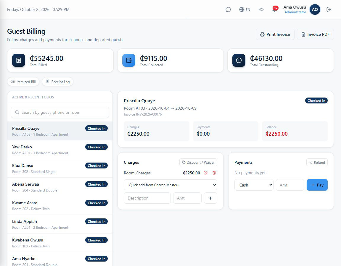 Guest billing folio with charges, payments and balance